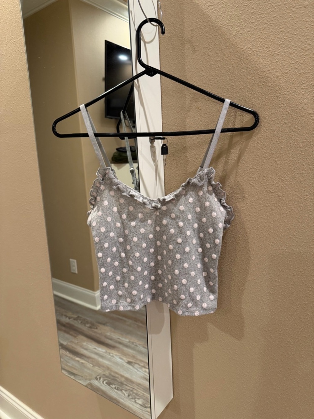 Forever 21 Gray and Light Pink Polka Dot Ruffle Cami
